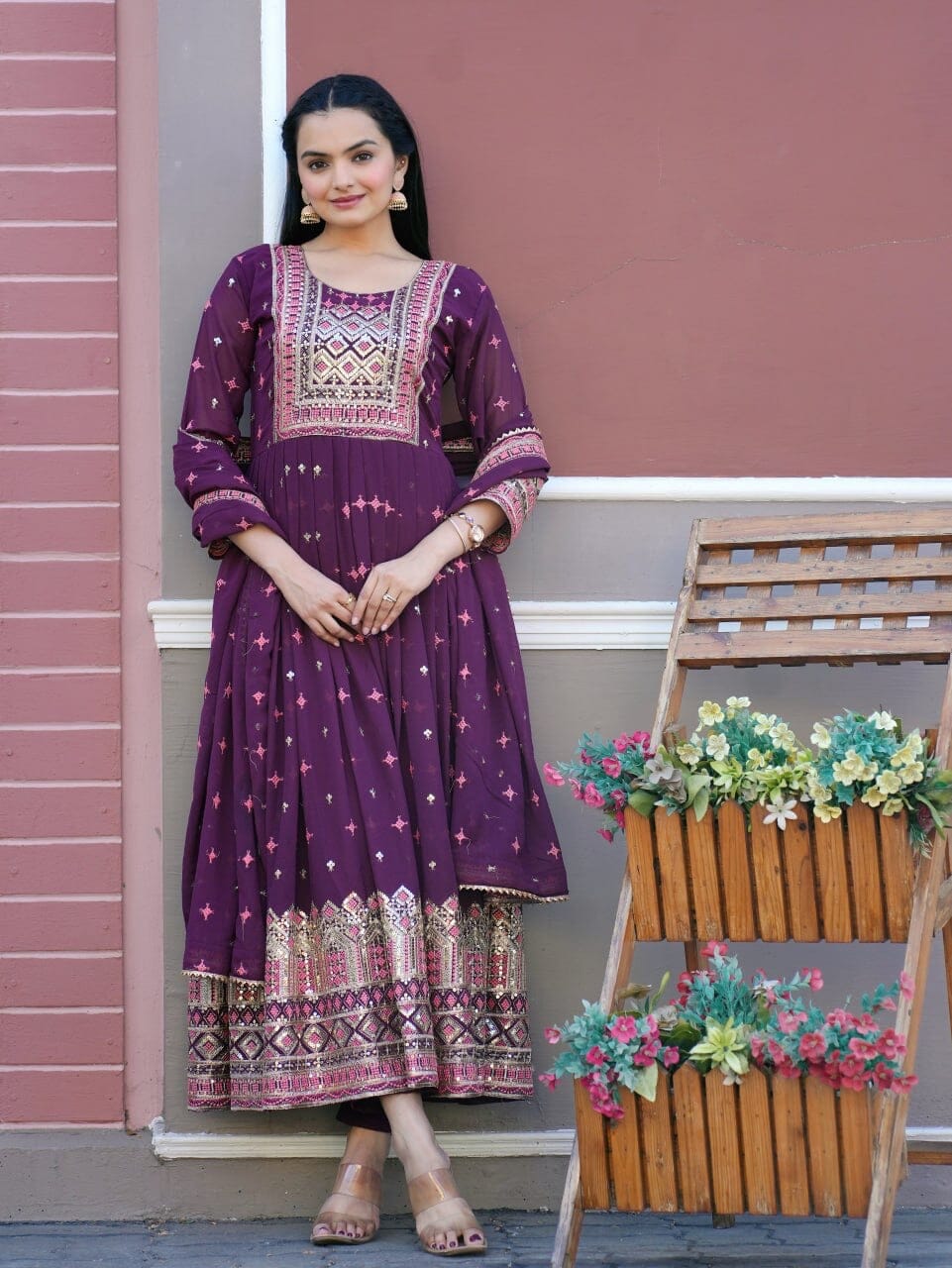 Designer Embroidered Fox Georgette Gown With Sequence Embroidered Work Ready Made Designer Suits Shopin Di Apparels