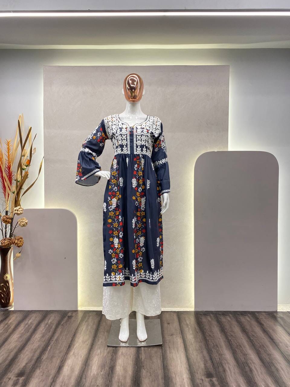 Designer Rayon Kurti with White Embroidery and Plazzo set Kurti with Pant Shopin Di Apparels