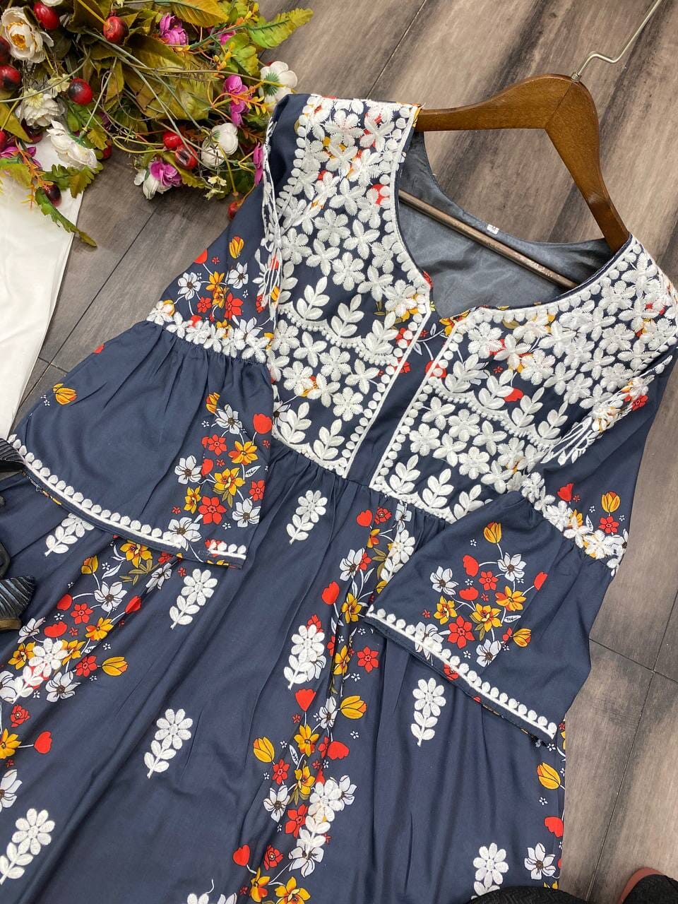 Designer Rayon Kurti with White Embroidery and Plazzo set Kurti with Pant Shopin Di Apparels