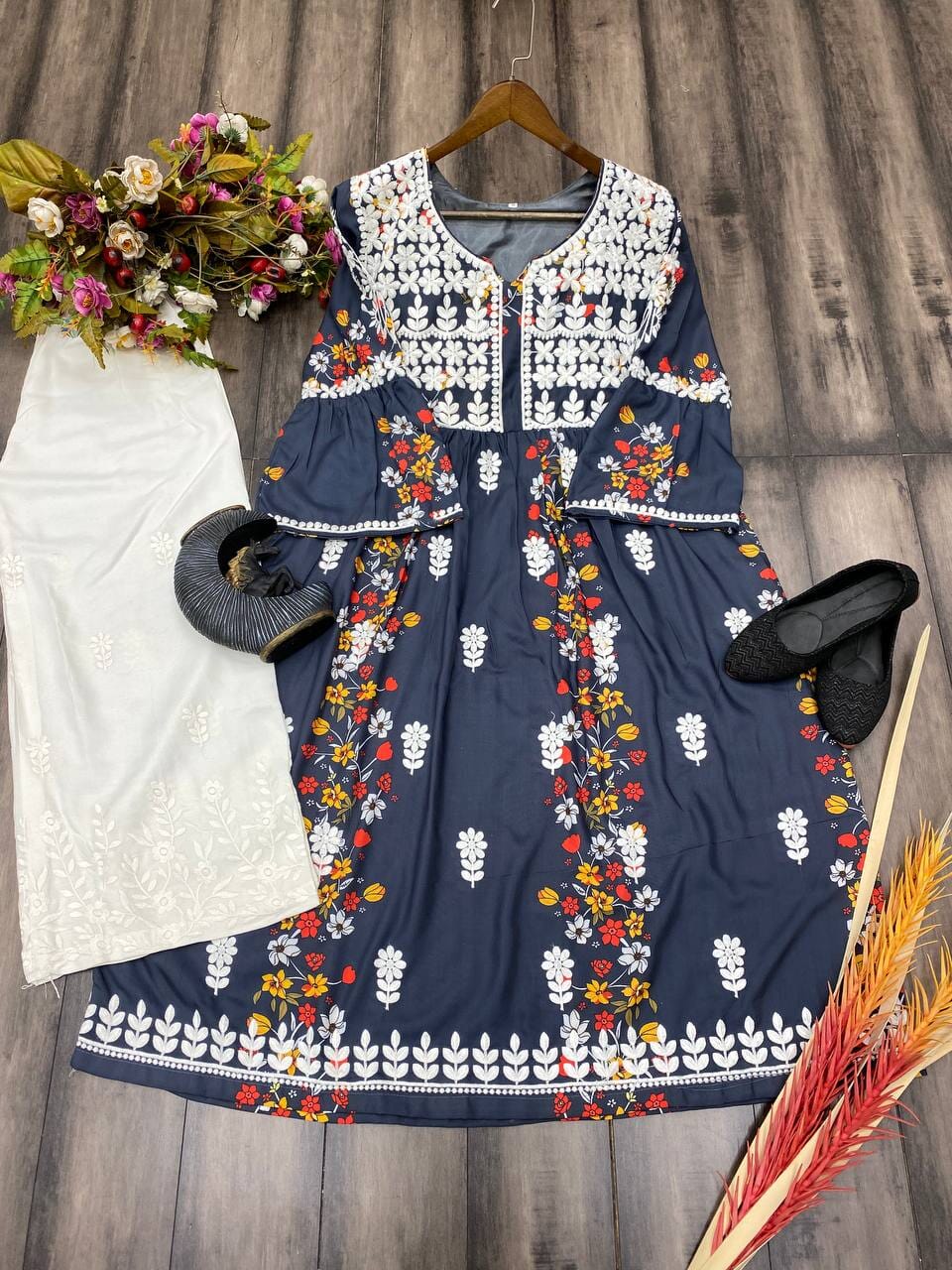 Designer Rayon Kurti with White Embroidery and Plazzo set Kurti with Pant Shopin Di Apparels