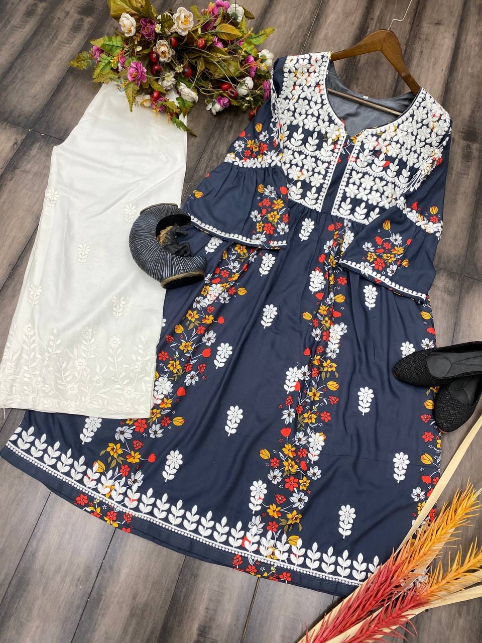 Designer Rayon Kurti with White Embroidery and Plazzo set Kurti with Pant Shopin Di Apparels