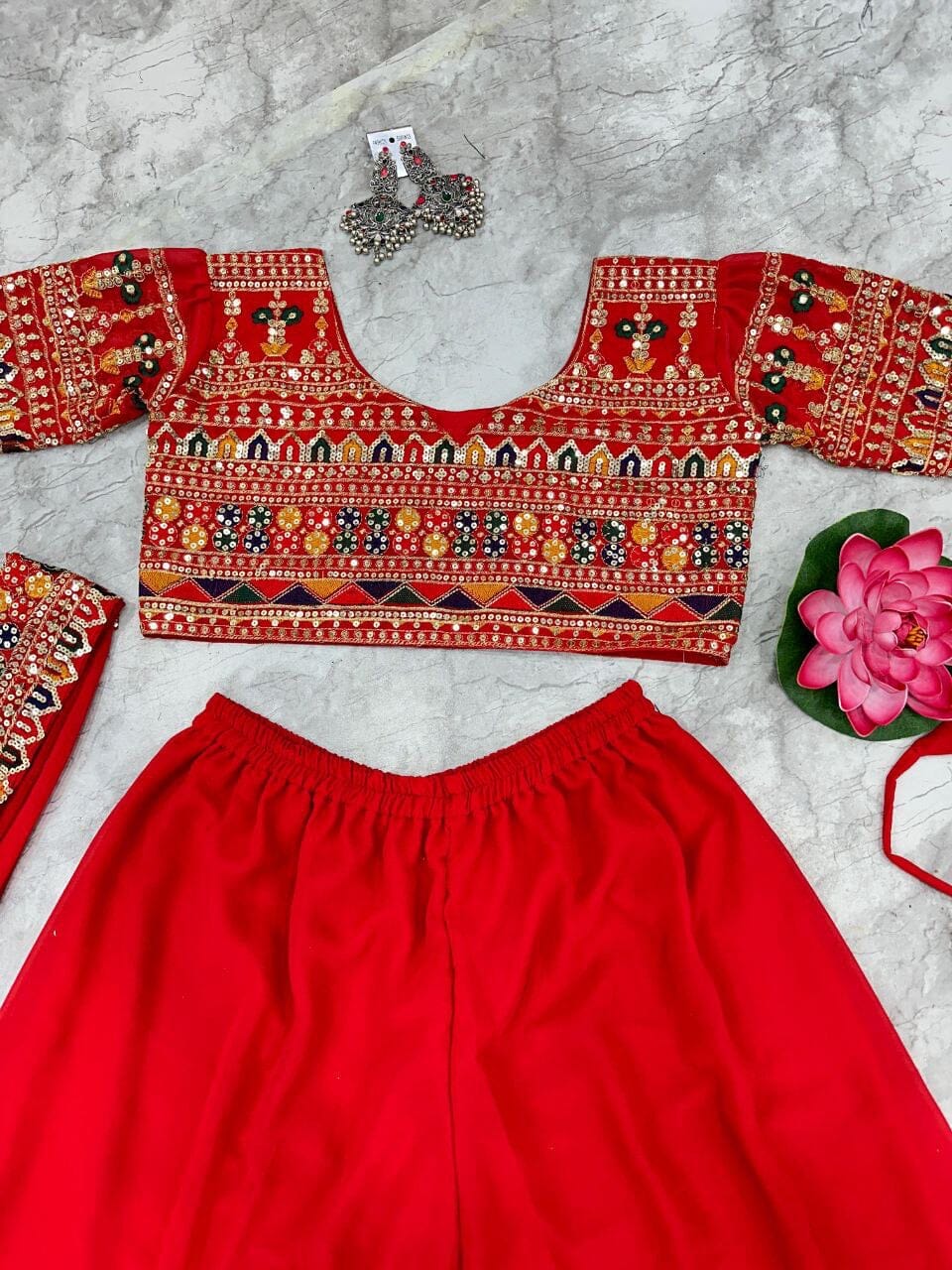 Designer Red Embroidered PartyWear Blouse and Sharara Suit Ready Made Designer Suits Shopin Di Apparels