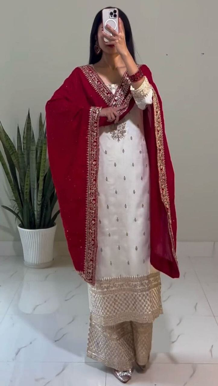 Designer White Red Chinnon Silk Embroidered Sequence work Suit Shopin Di Apparels
