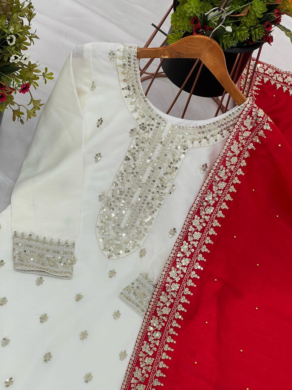 Designer White Red Chinnon Silk Embroidered Sequence work Suit Shopin Di Apparels