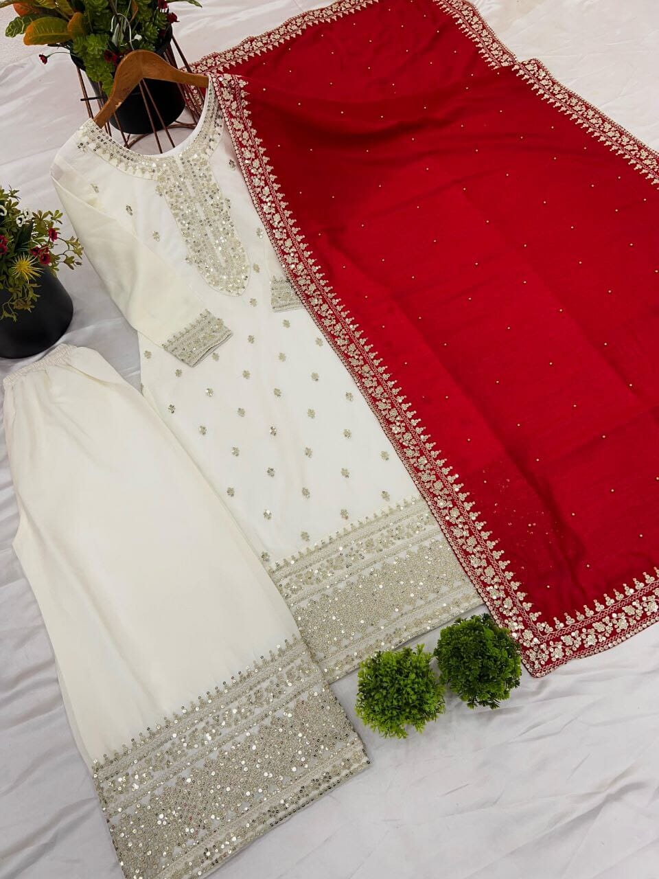 Designer White Red Chinnon Silk Embroidered Sequence work Suit Shopin Di Apparels