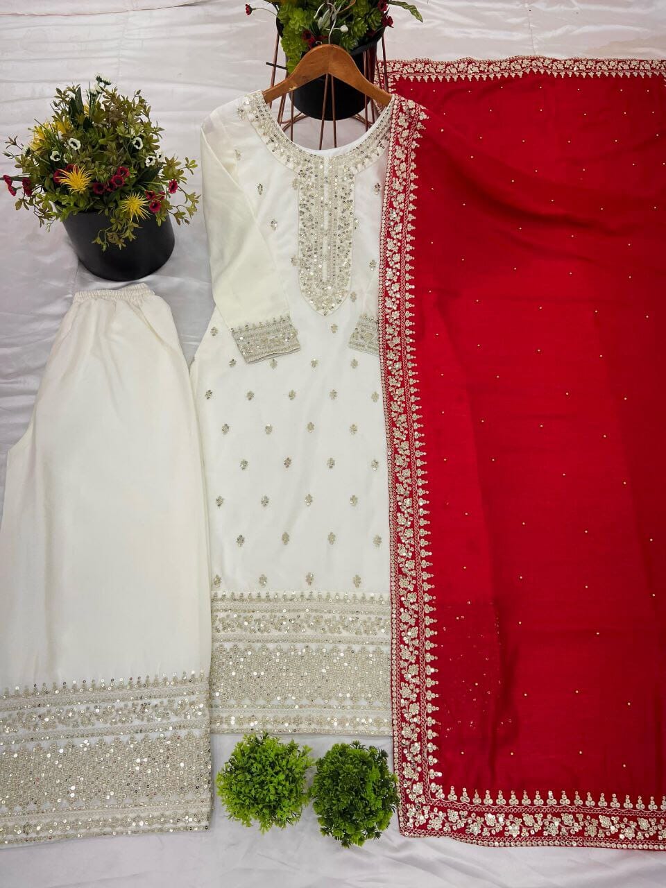 Designer White Red Chinnon Silk Embroidered Sequence work Suit Shopin Di Apparels