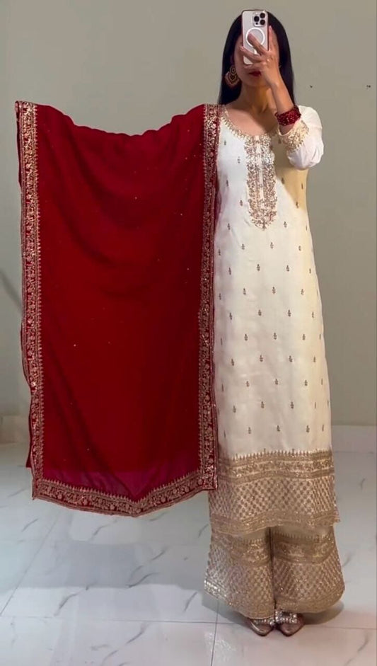 Designer White Red Chinnon Silk Embroidered Sequence work Suit Shopin Di Apparels