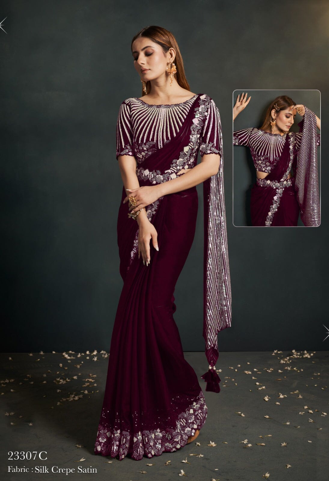 Exotica 23307 C Crepe Satin Silk Ready To Wear Saree Ready to Wear Saree Shopin Di Apparels