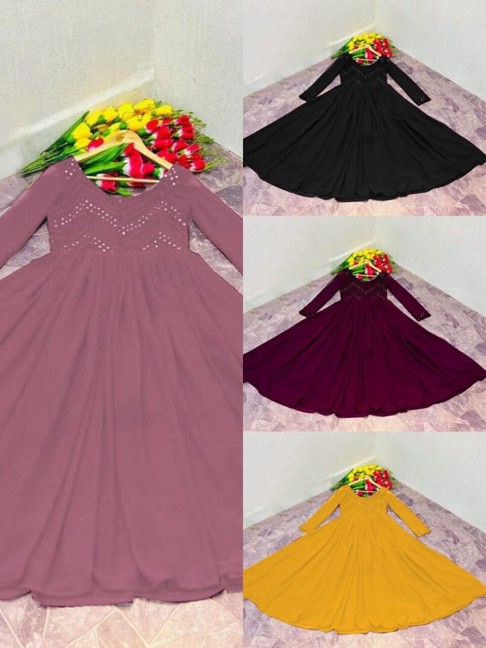 Fox Georgette Mirror Work Embroidered Gown in 4 Colors Designer Gown Shopin Di Apparels