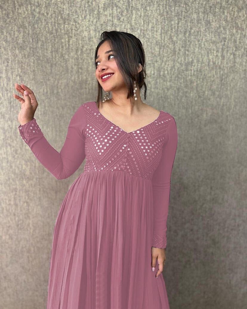 Fox Georgette Mirror Work Embroidered Gown in 4 Colors Designer Gown Shopin Di Apparels