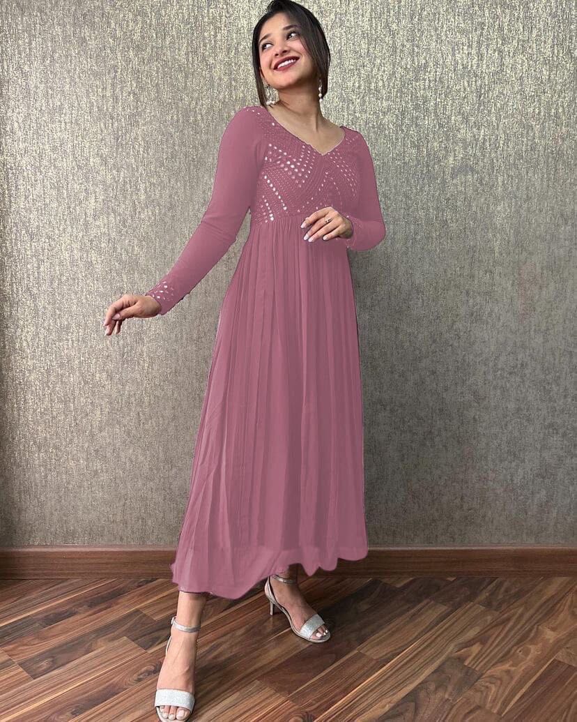 Fox Georgette Mirror Work Embroidered Gown in 4 Colors Designer Gown Shopin Di Apparels