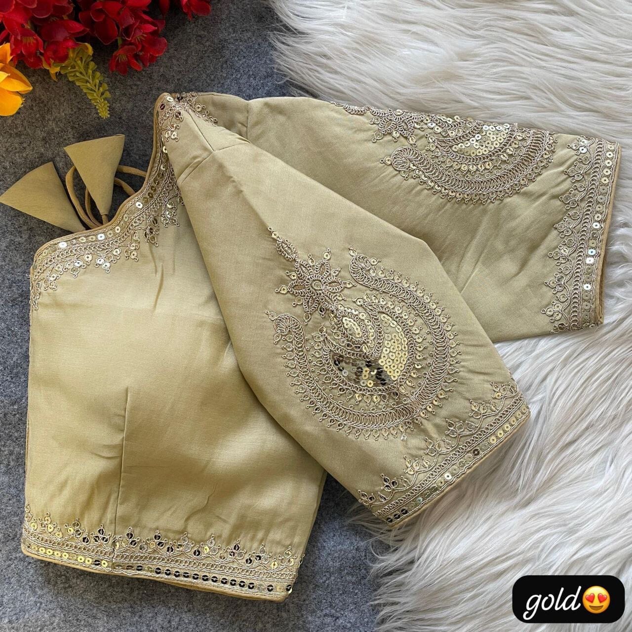 Gold Heavy Pure Roman Silk Embroidered Sequence Work Readymade Blouse Shopin Di Apparels