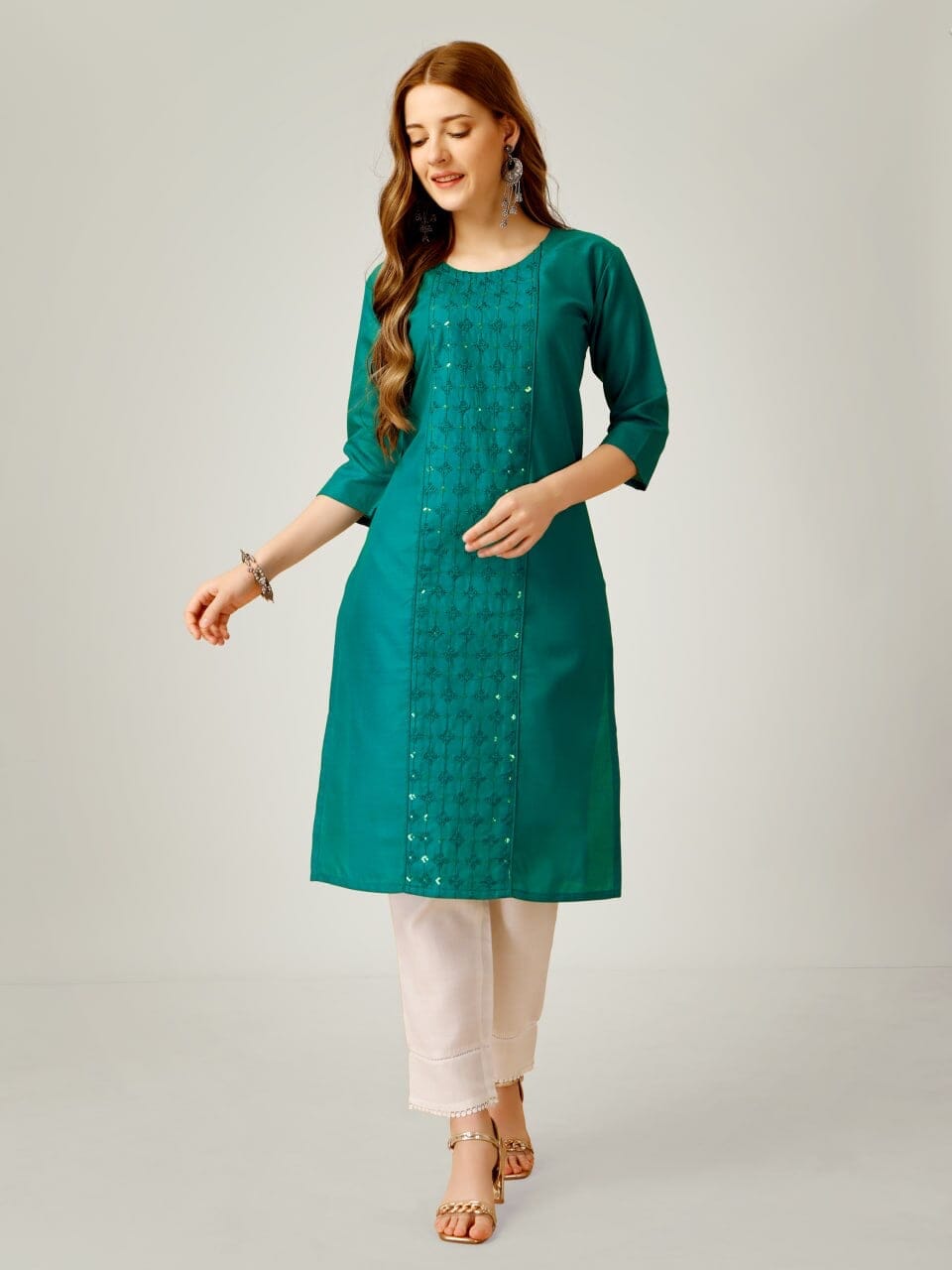 Green Cotton Blend Sequence Embroidered Work Kurti with Pant Kurti with Pant Shopin Di Apparels