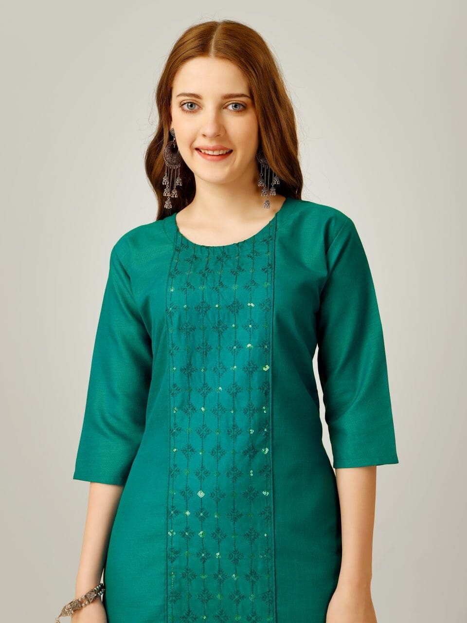 Green Cotton Blend Sequence Embroidered Work Kurti with Pant Kurti with Pant Shopin Di Apparels
