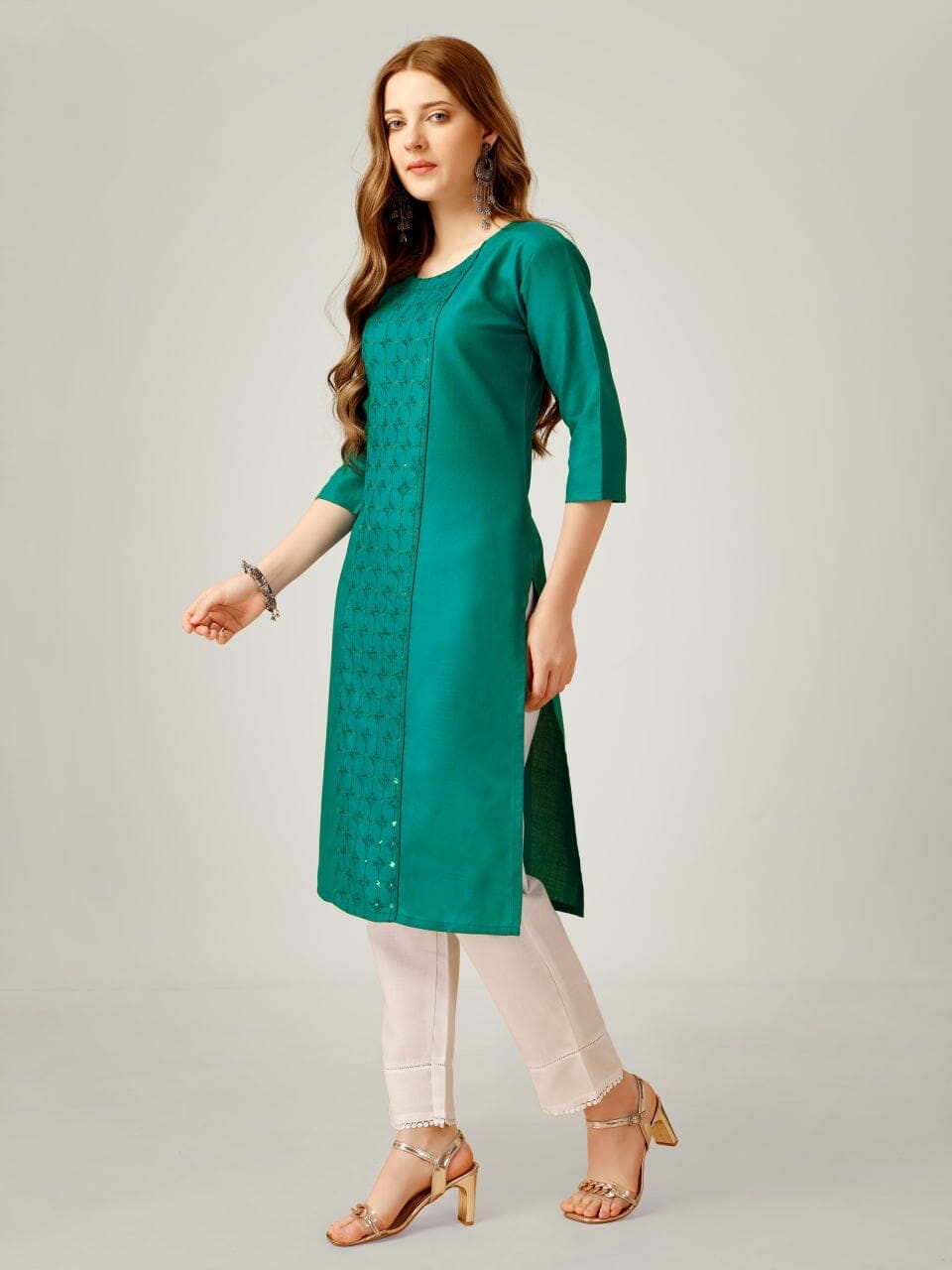 Green Cotton Blend Sequence Embroidered Work Kurti with Pant Kurti with Pant Shopin Di Apparels