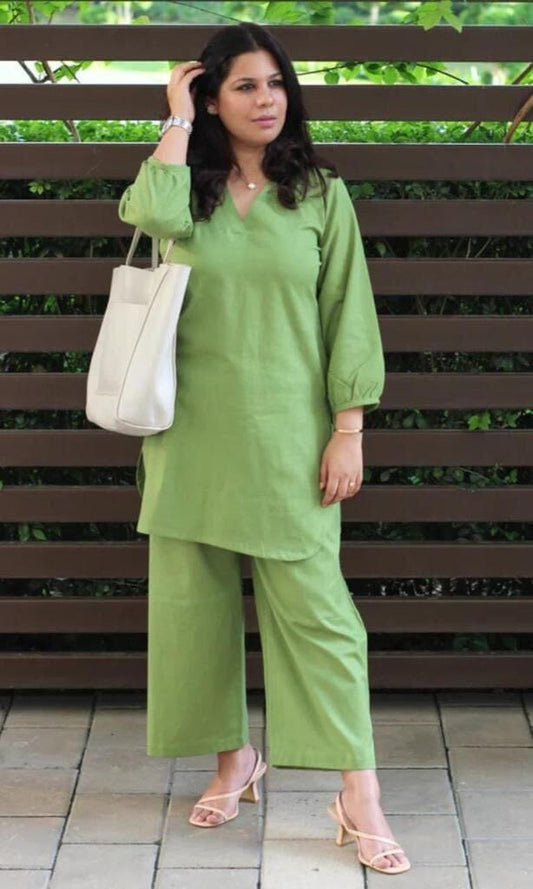 Green Cotton Slub Monochrome Kurti with Palazzo Set Kurti with Plazzo Shopin Di Apparels