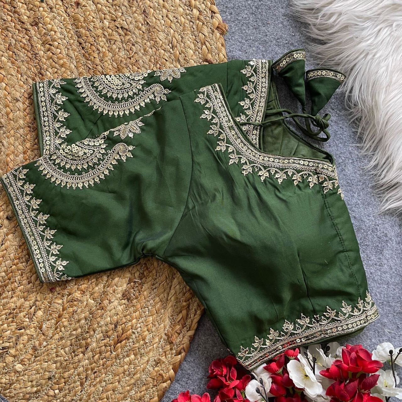 Green Heavy Pure Roman Silk Embroidered Sequence Work Readymade Blouse Shopin Di Apparels