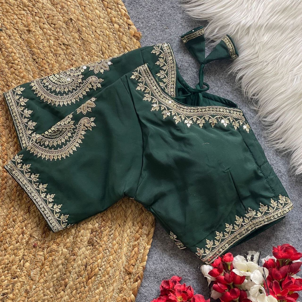 Green Heavy Pure Roman Silk Embroidered Sequence Work Readymade Blouse Shopin Di Apparels