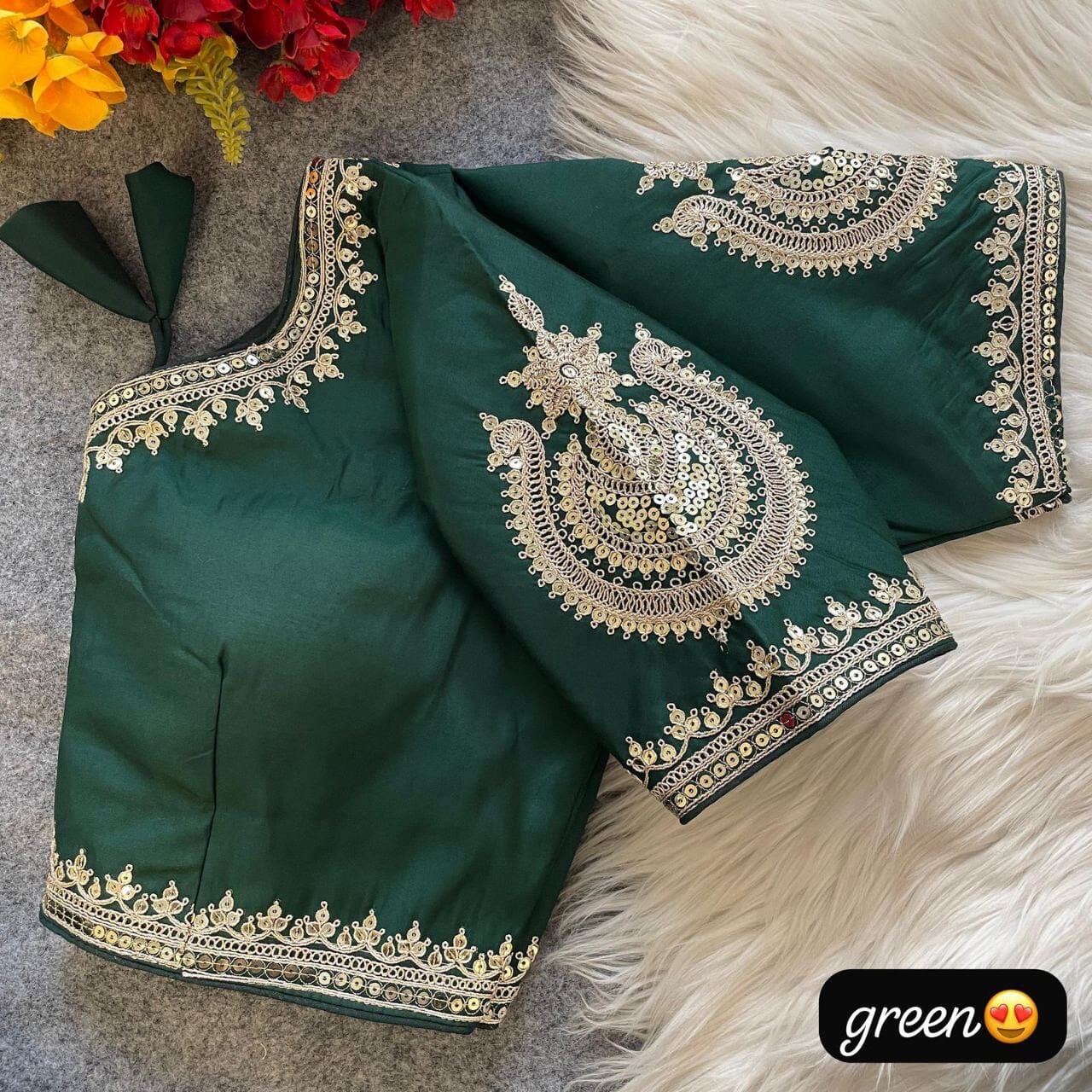 Green Heavy Pure Roman Silk Embroidered Sequence Work Readymade Blouse Shopin Di Apparels