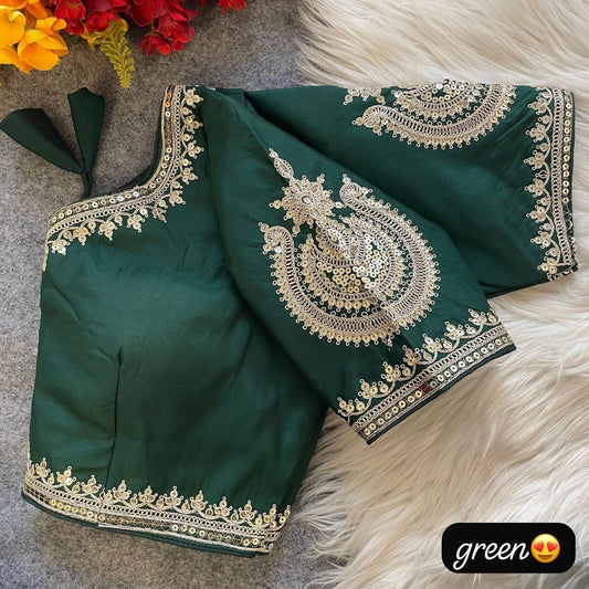Green Heavy Pure Roman Silk Embroidered Sequence Work Readymade Blouse Shopin Di Apparels