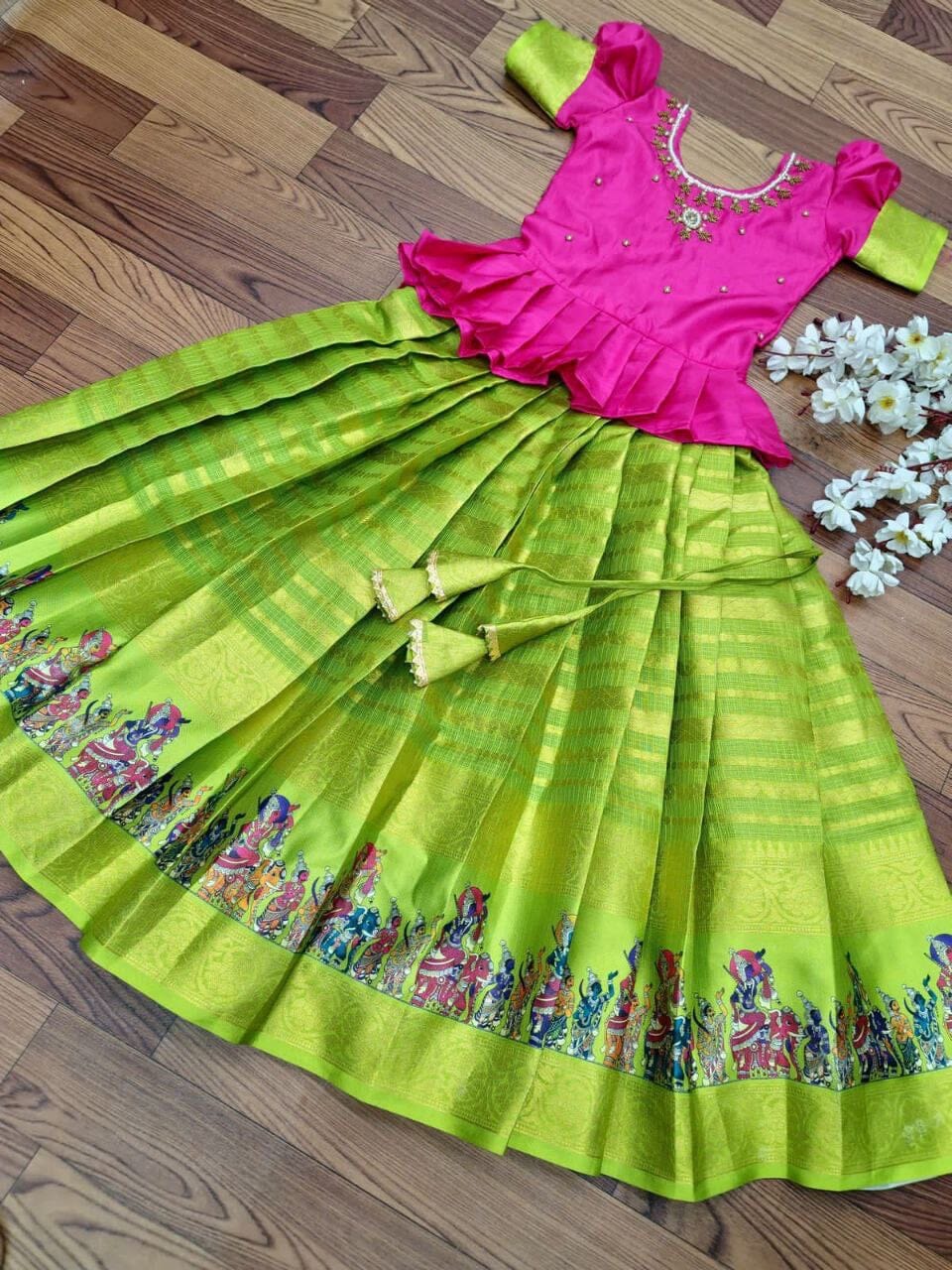 Green Pink Kota Doriya Silk Kid's Lehenga Festival Wear Pavadai Sattai Kid's Lehenga Shopindiapparels.com
