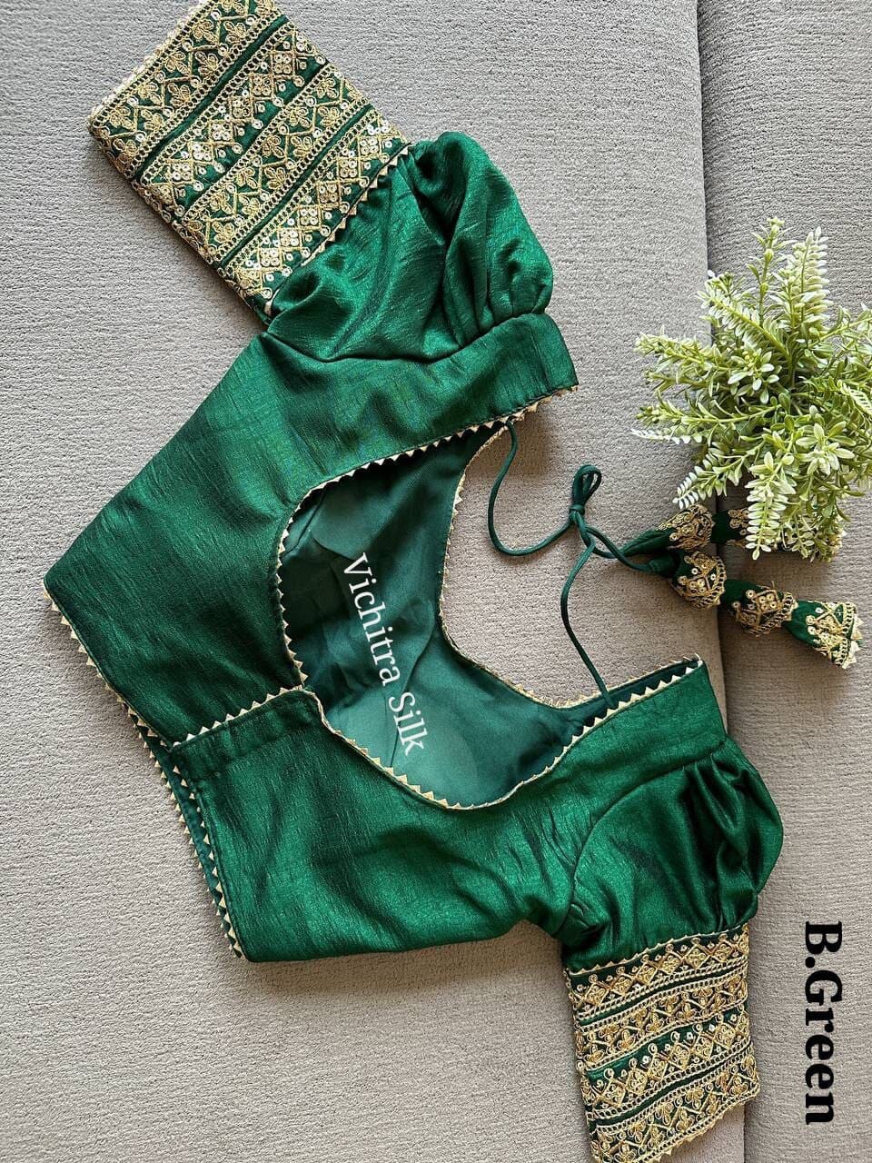 Green Vichitra Silk Readymade Blouse with Puff Sleeves and Embroidery Readymade Blouse Shopin Di Apparels