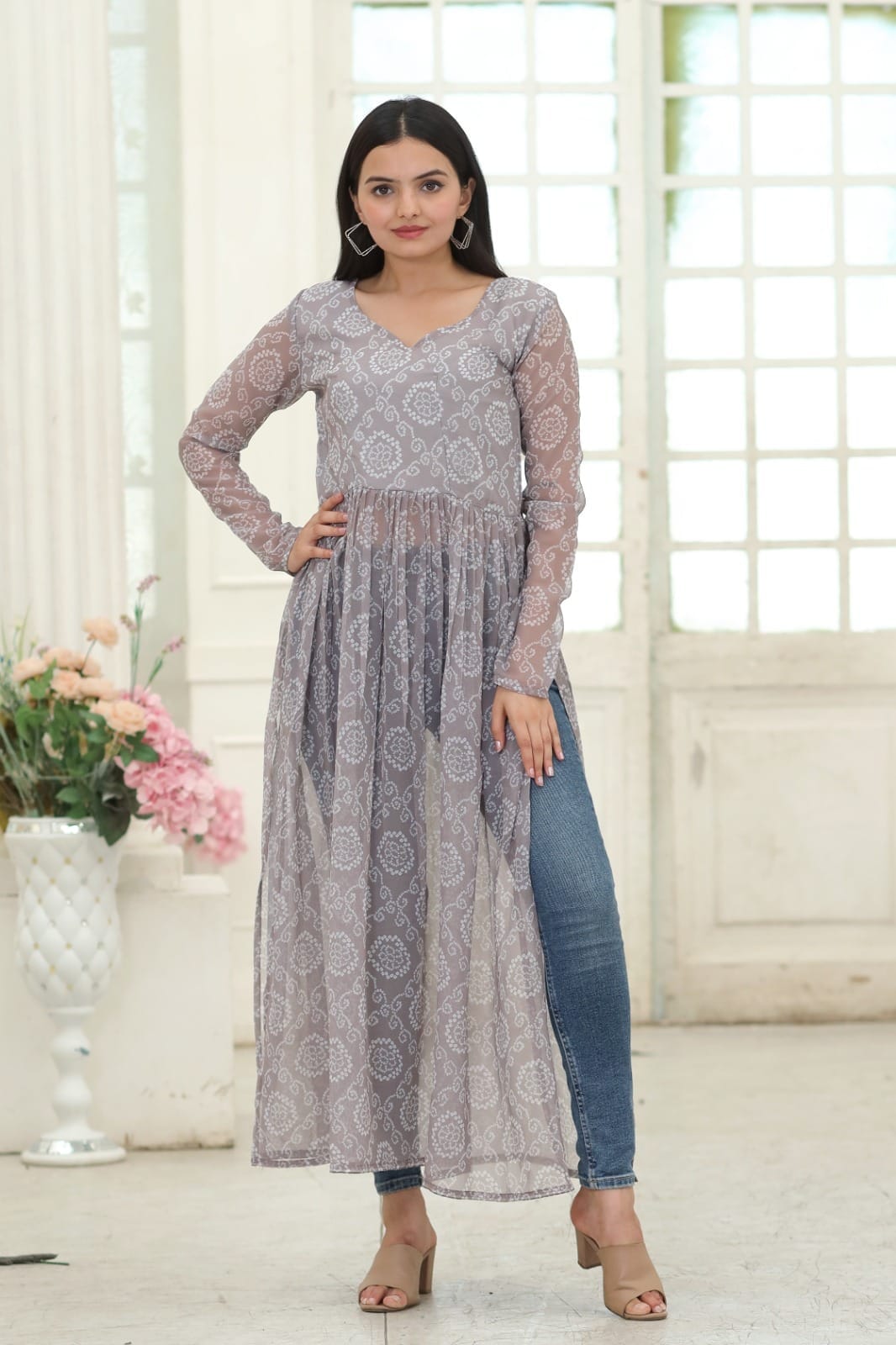 Grey Nayra Cut Long Georgette Bandhej Digital Print Kurti Kurti Shopin Di Apparels