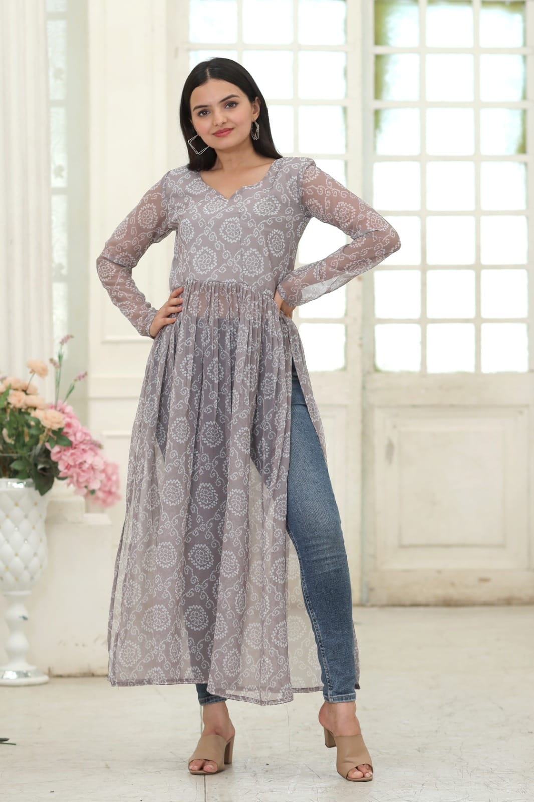 Grey Nayra Cut Long Georgette Bandhej Digital Print Kurti Kurti Shopin Di Apparels