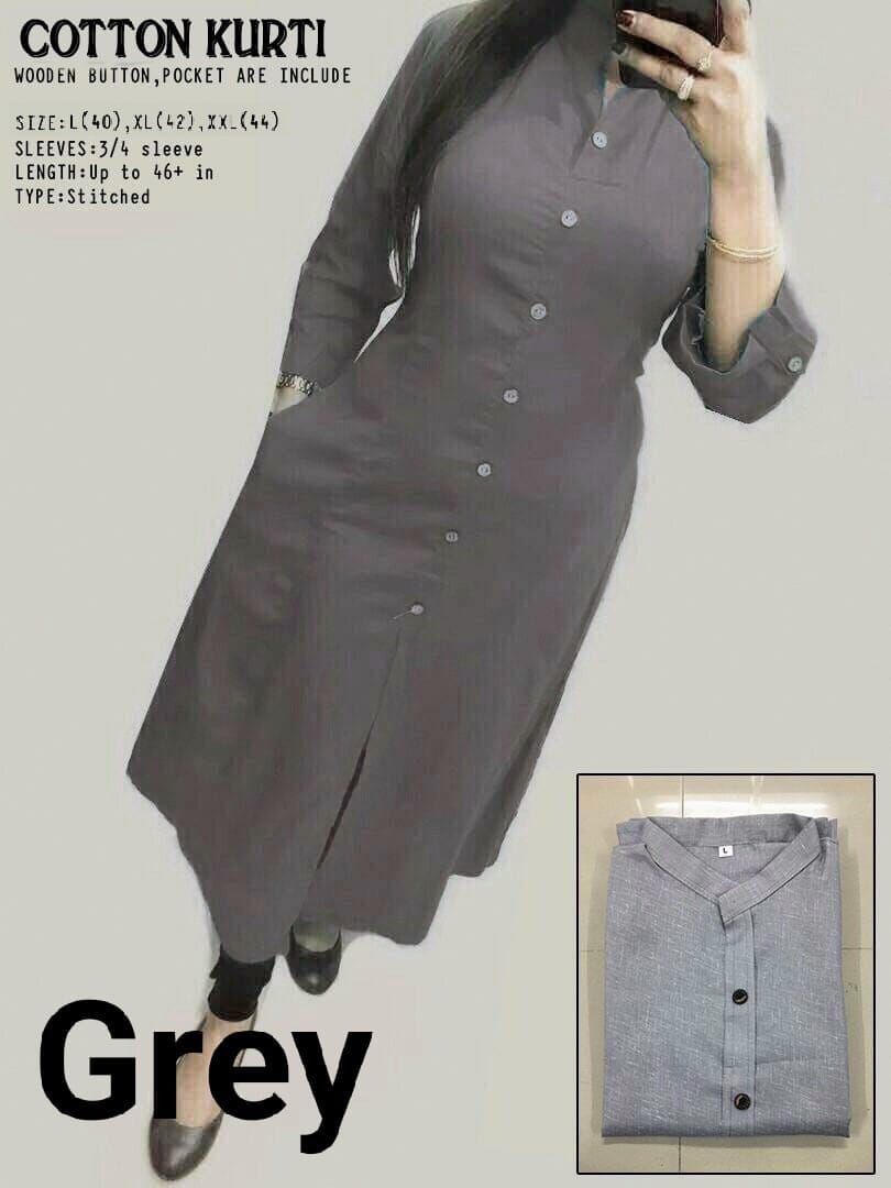 Grey Plain Collar Cotton Kurti with Button and Pockets Kurti Shopin Di Apparels