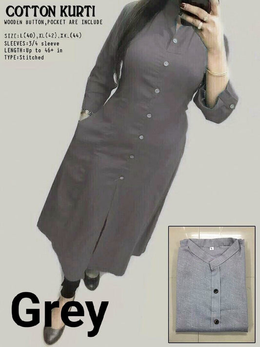Grey Plain Collar Cotton Kurti with Button and Pockets Kurti Shopin Di Apparels