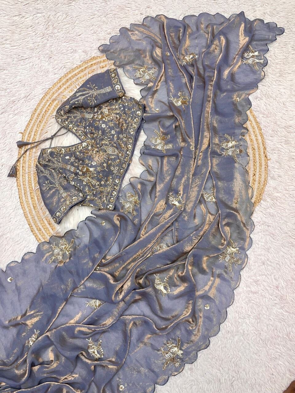 Grey Pure Satin Silk Designer Saree with Ready Made Handwork Blouse Designer saree Shopin Di Apparels