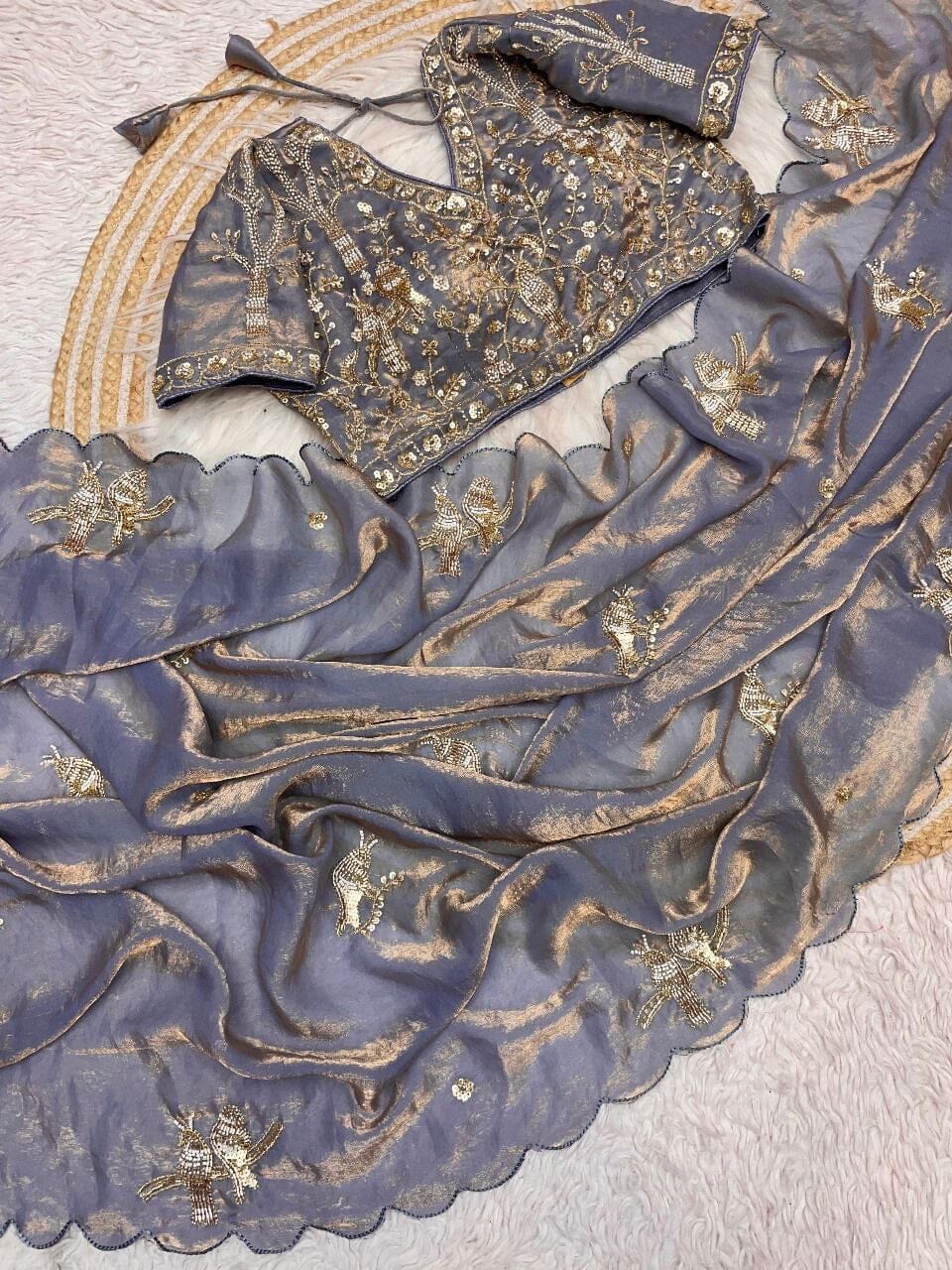 Grey Pure Satin Silk Designer Saree with Ready Made Handwork Blouse Designer saree Shopin Di Apparels