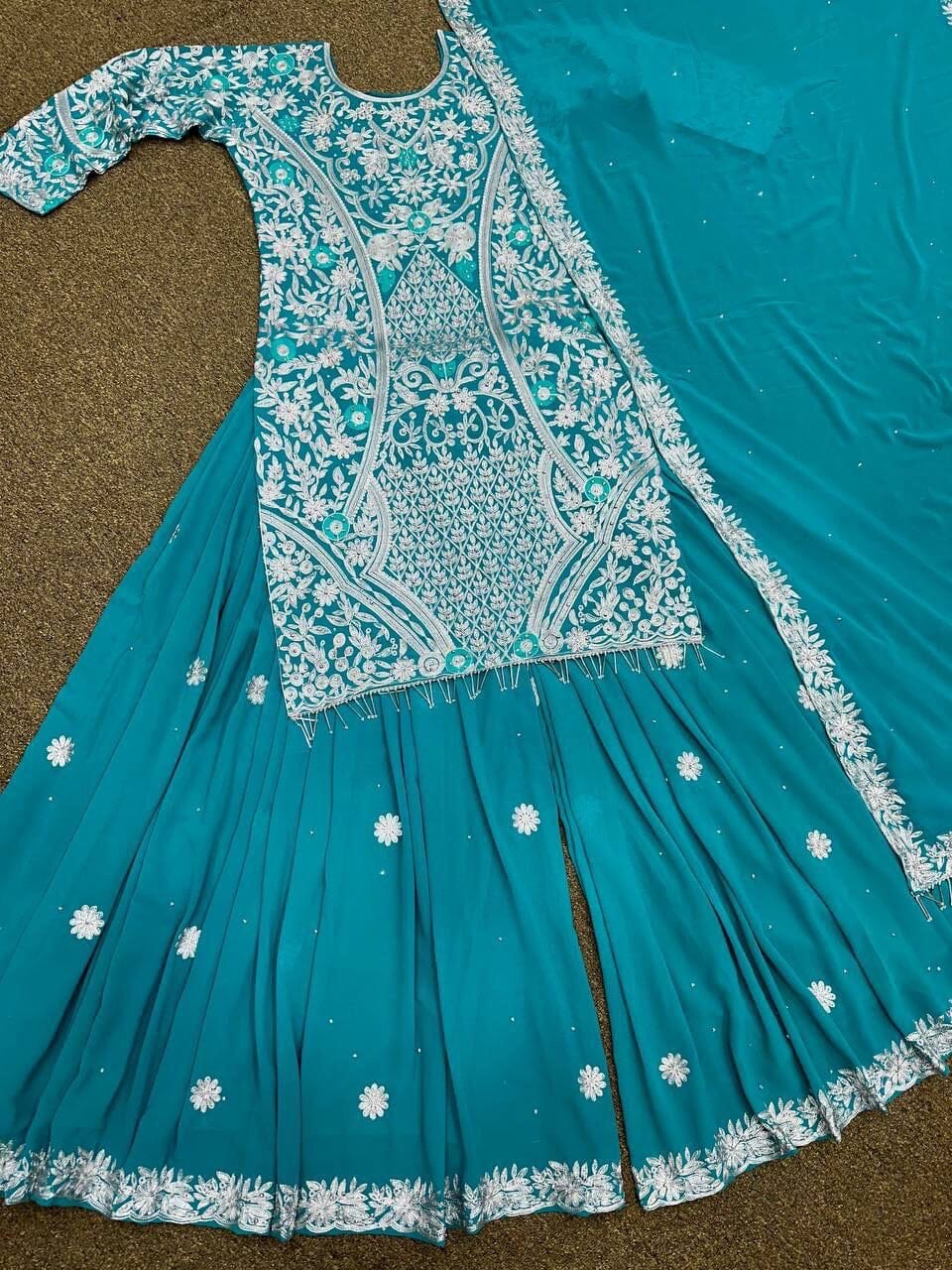 Heavy Fox Georgette Handwork Embroidery Designer Plazzo Suit Ready Made Designer Suits Shopin Di Apparels