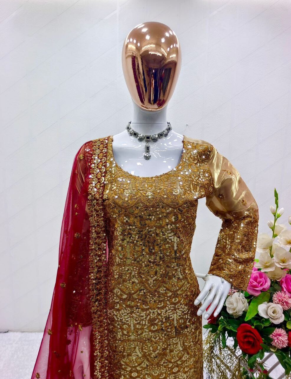 Heavy Gold Sequence Work Jimmy Choo Silk Readymade Designer Suit Ready Made Designer Suits Shopin Di Apparels