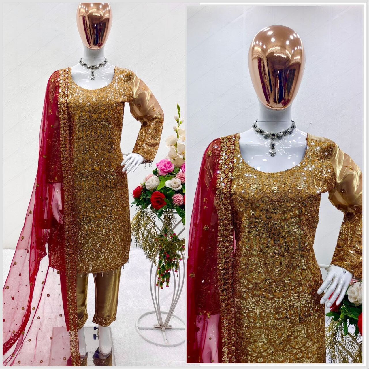 Heavy Gold Sequence Work Jimmy Choo Silk Readymade Designer Suit Ready Made Designer Suits Shopin Di Apparels