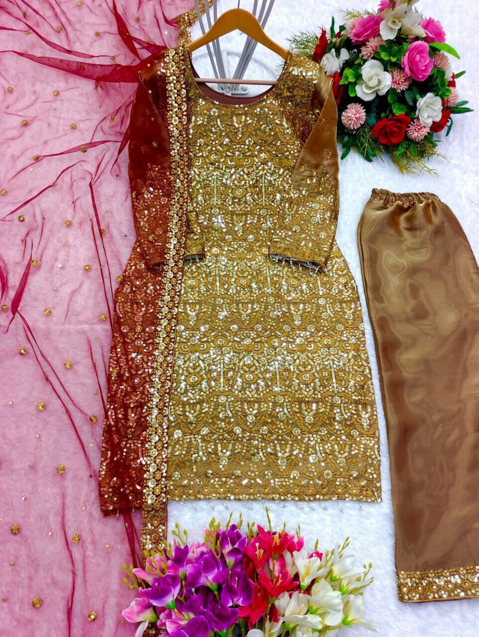 Heavy Gold Sequence Work Jimmy Choo Silk Readymade Designer Suit Ready Made Designer Suits Shopin Di Apparels