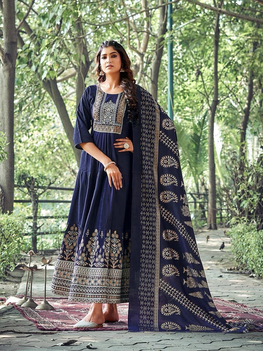 Heavy Rayon Foil Printed Long Gown Kurti with Dupatta Gown with Dupatta Shopin Di Apparels