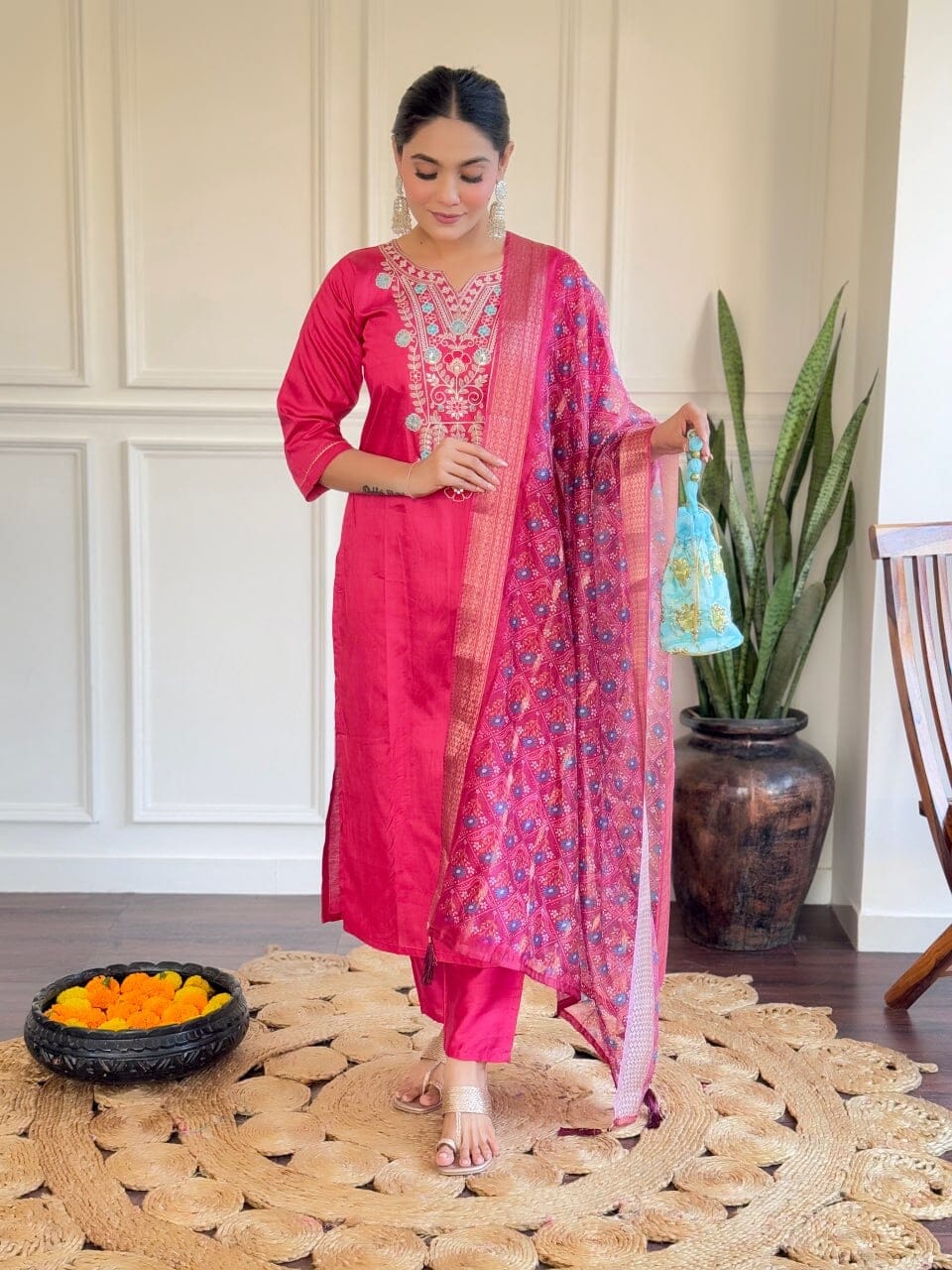 Hot Pink Chanderi Viscose Kurti with Chanderi Dupatta and Pant set Kurti with Bottom and Dupatta Shopin Di Apparels