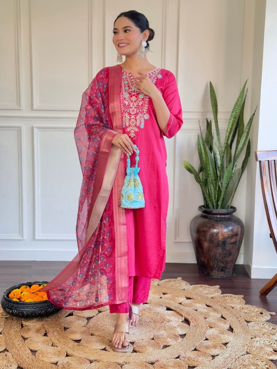 Hot Pink Chanderi Viscose Kurti with Chanderi Dupatta and Pant set Kurti with Bottom and Dupatta Shopin Di Apparels