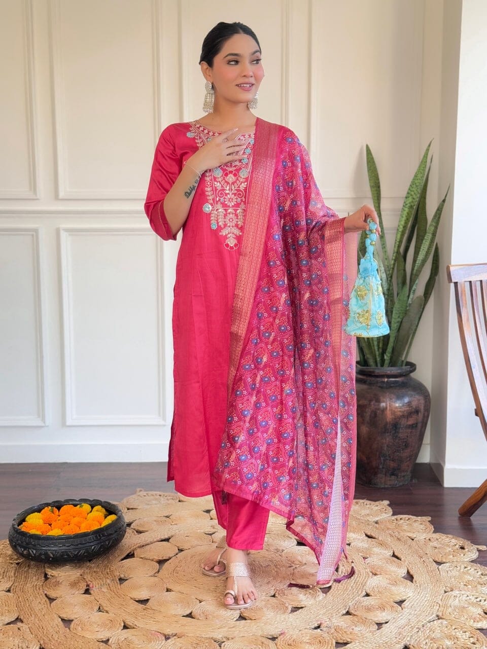 Hot Pink Chanderi Viscose Kurti with Chanderi Dupatta and Pant set Kurti with Bottom and Dupatta Shopin Di Apparels