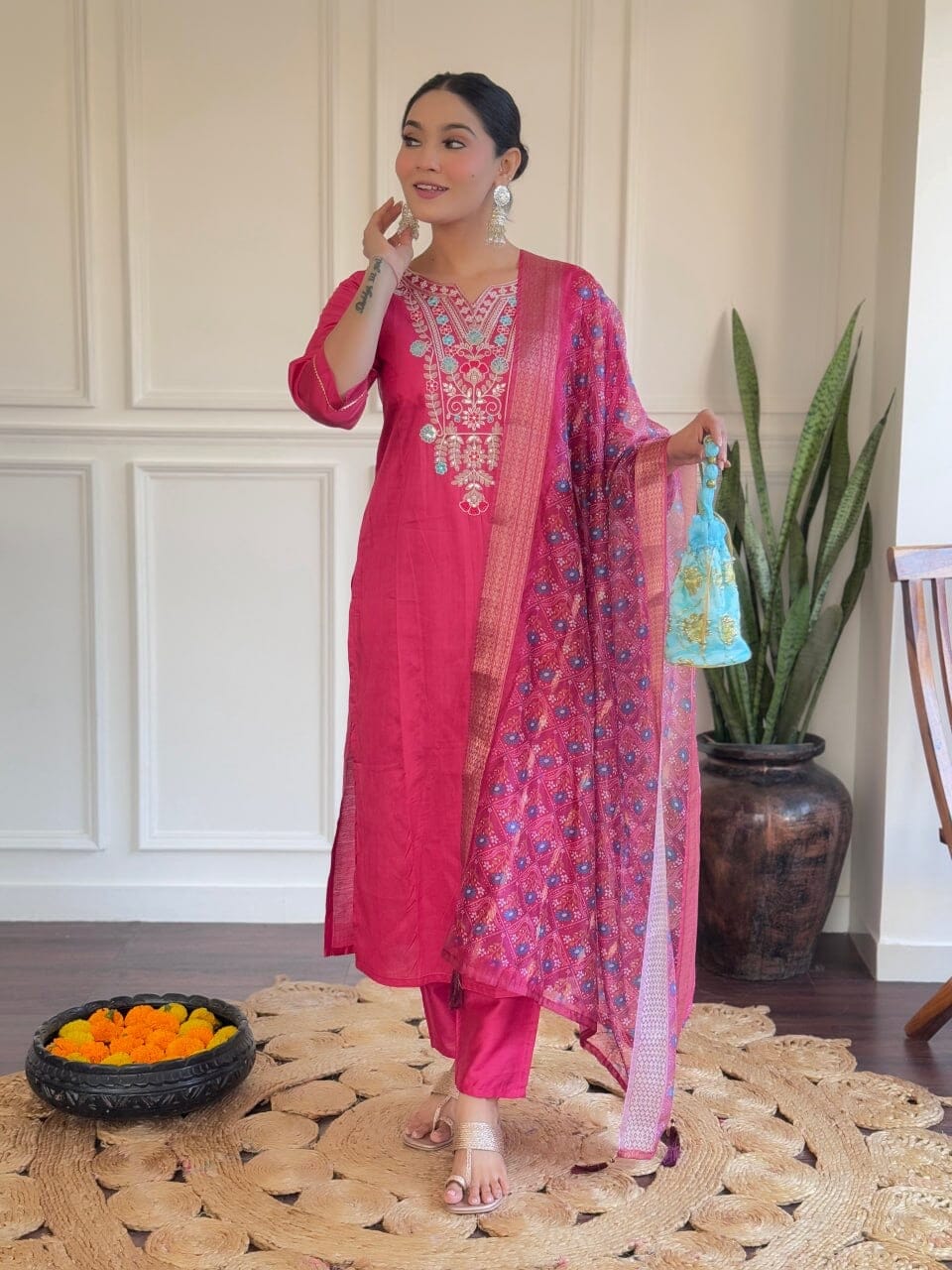 Hot Pink Chanderi Viscose Kurti with Chanderi Dupatta and Pant set Kurti with Bottom and Dupatta Shopin Di Apparels