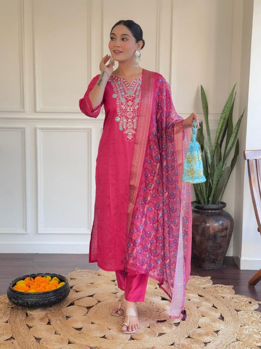 Hot Pink Chanderi Viscose Kurti with Chanderi Dupatta and Pant set Kurti with Bottom and Dupatta Shopin Di Apparels