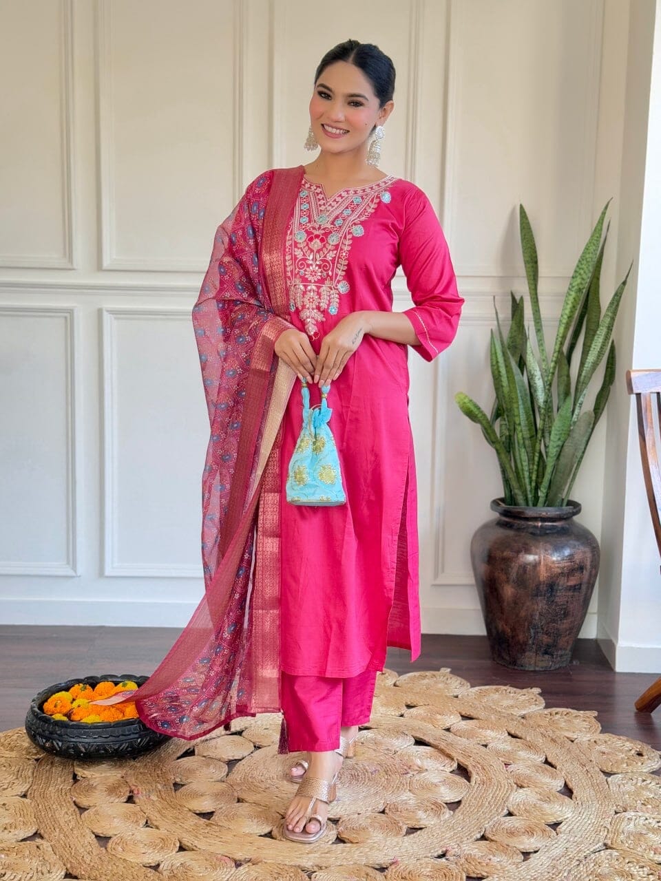 Hot Pink Chanderi Viscose Kurti with Chanderi Dupatta and Pant set Kurti with Bottom and Dupatta Shopin Di Apparels