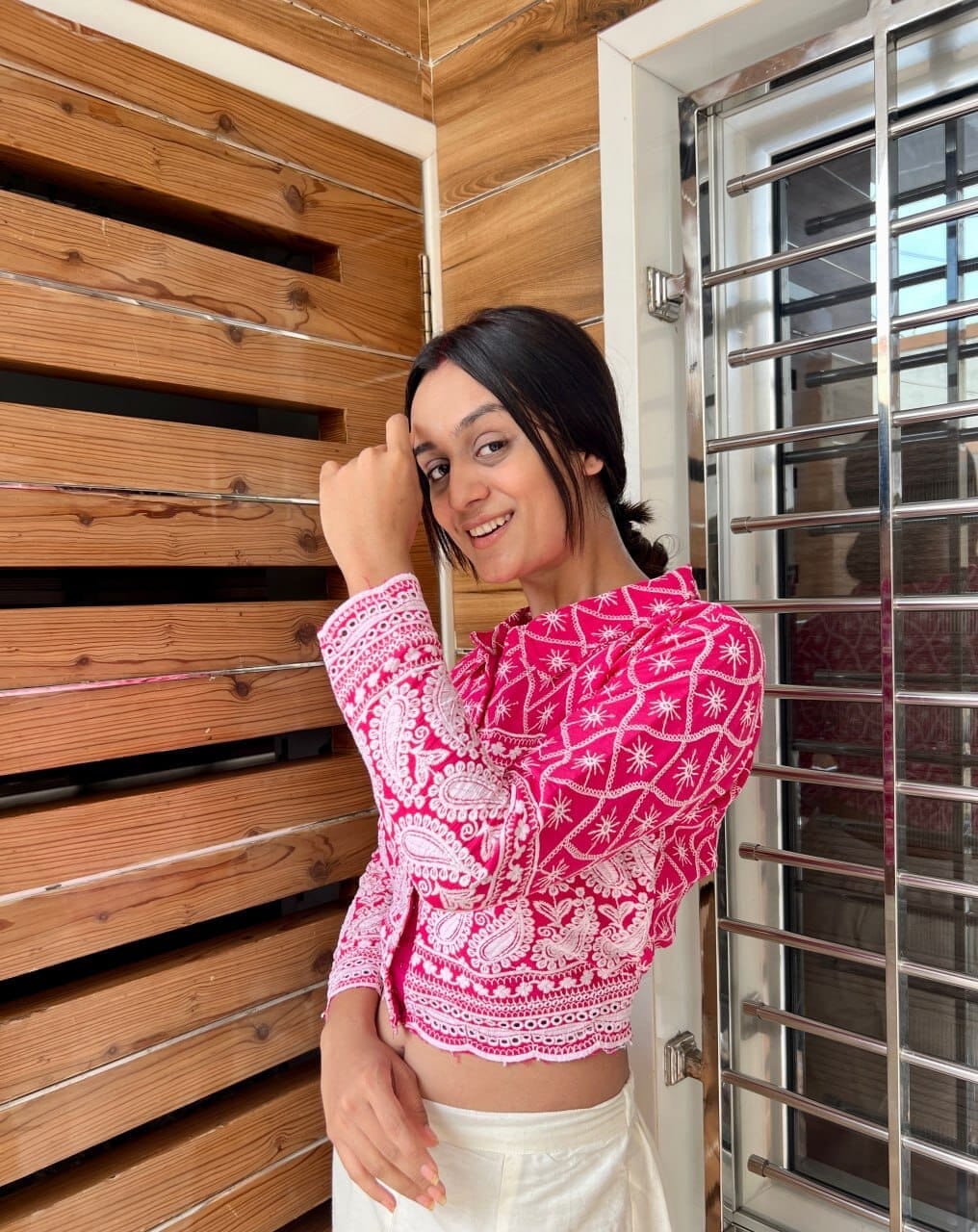 Hot Pink Lucknowi Sequence Work with Long Sleeve Western Crop Top Western Tops Shopin Di Apparels