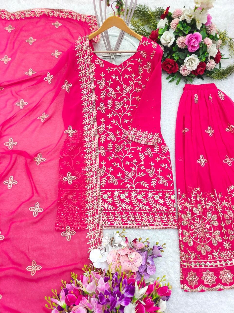 Hot Pink Pure Fox Georgette Plazzo Ready Made Suit Ready Made Designer Suits Shopin Di Apparels