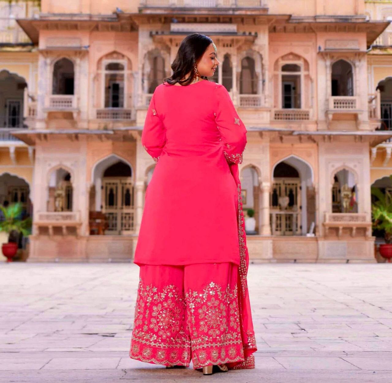 Hot Pink Pure Fox Georgette Plazzo Ready Made Suit Ready Made Designer Suits Shopin Di Apparels