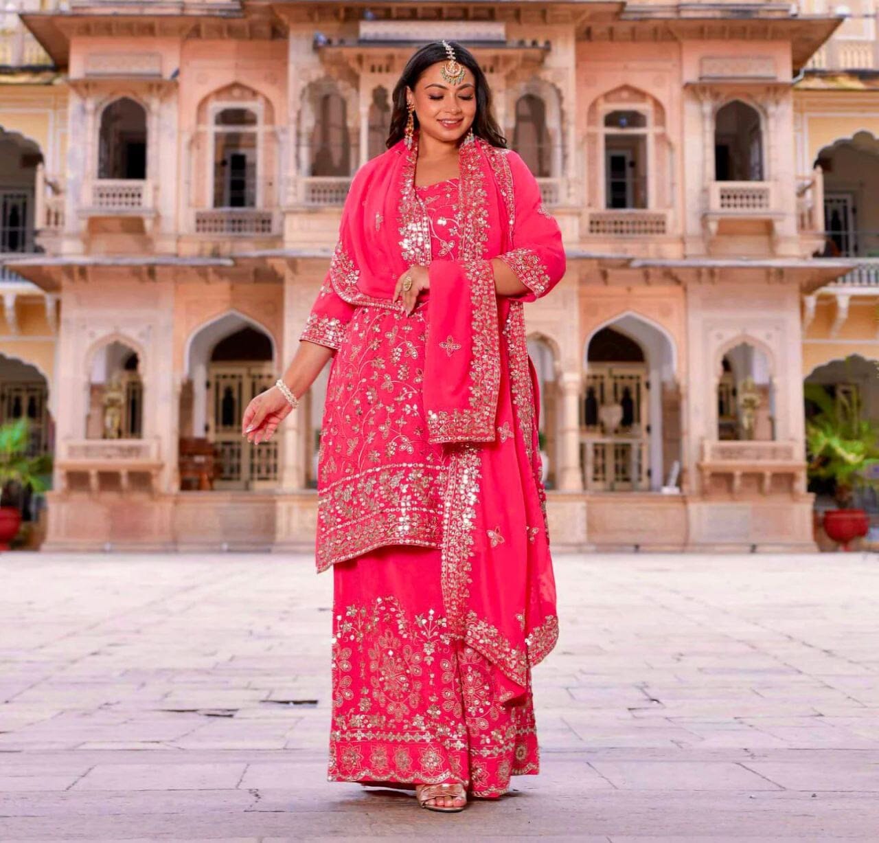 Hot Pink Pure Fox Georgette Plazzo Ready Made Suit Ready Made Designer Suits Shopin Di Apparels
