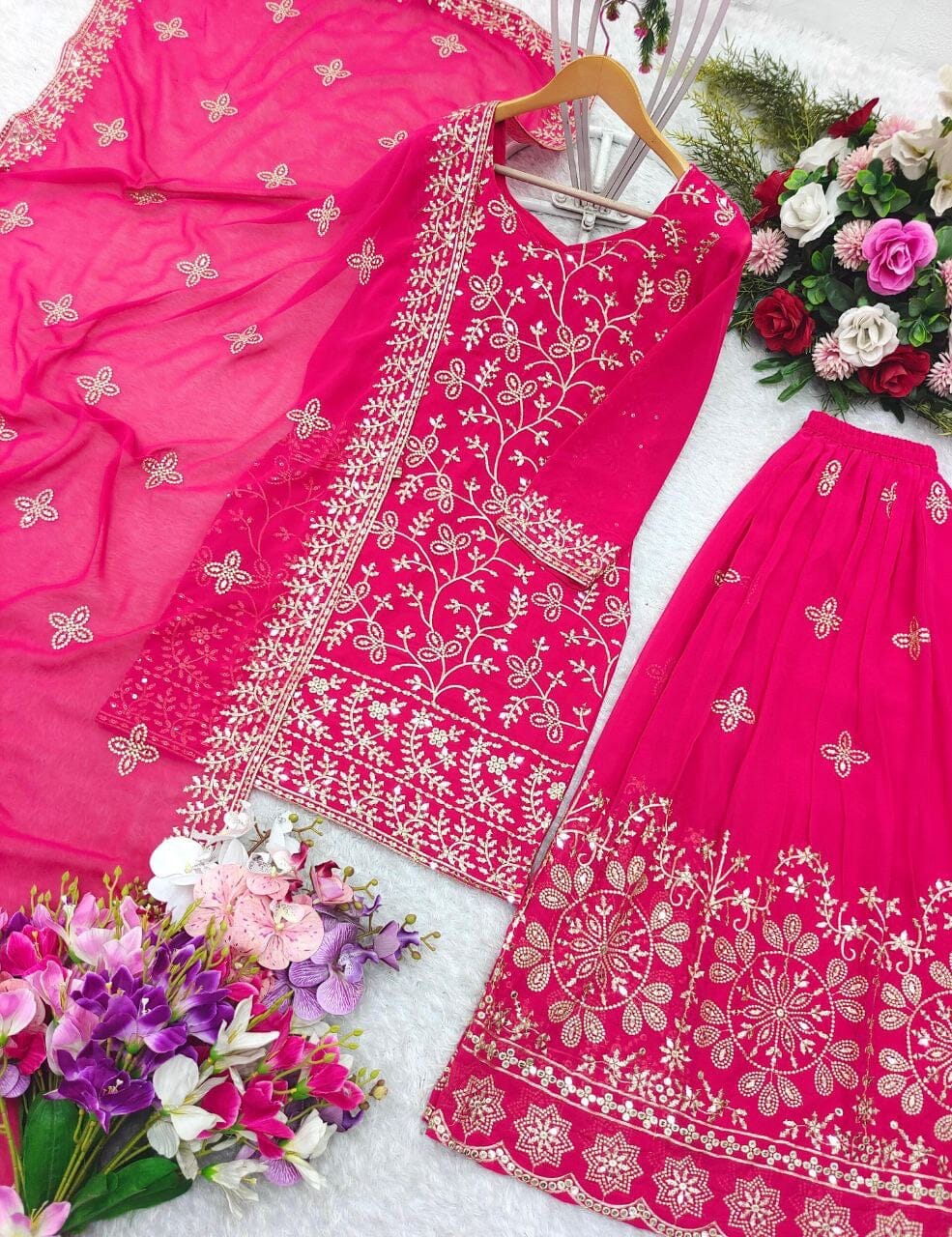 Hot Pink Pure Fox Georgette Plazzo Ready Made Suit Ready Made Designer Suits Shopin Di Apparels