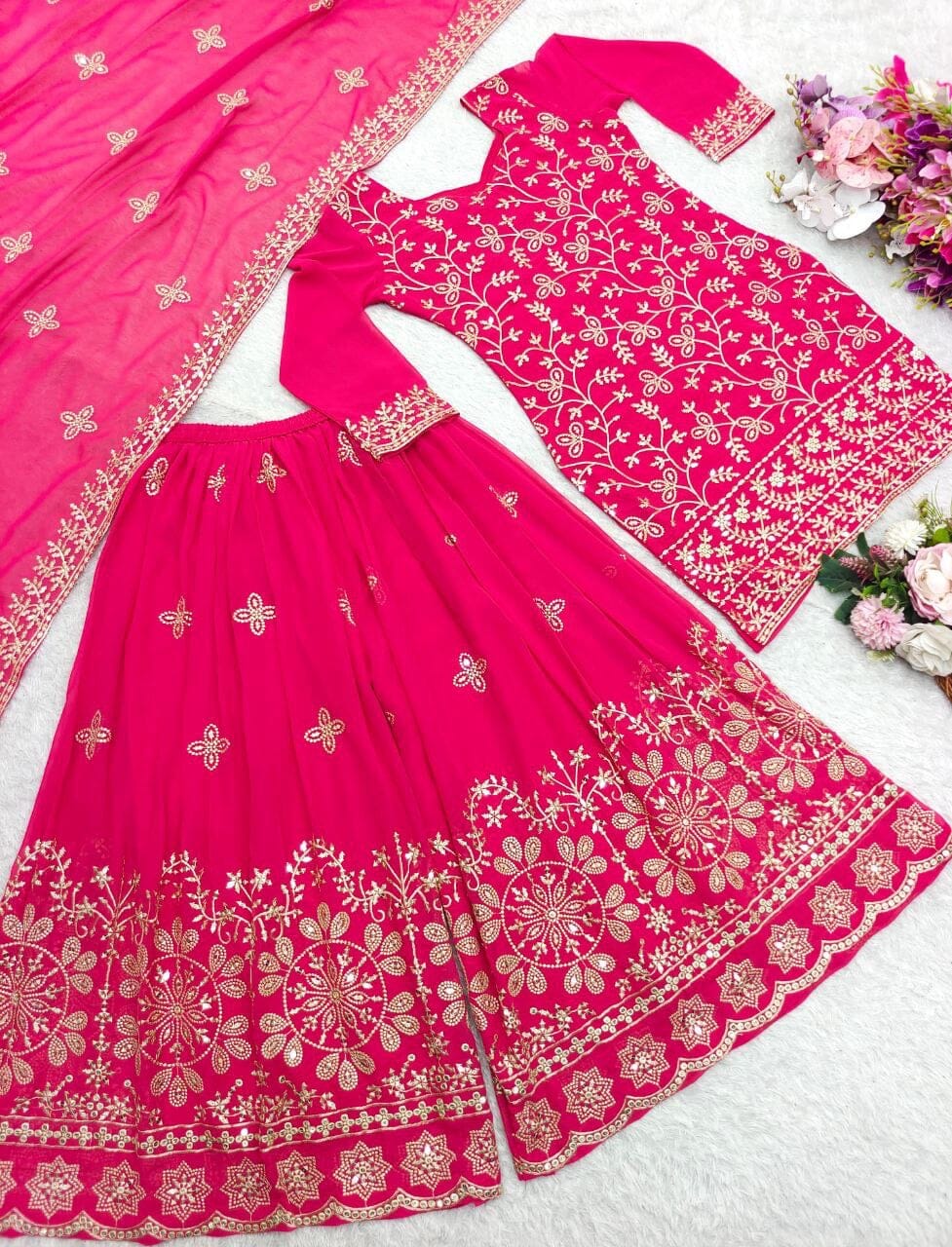 Hot Pink Pure Fox Georgette Plazzo Ready Made Suit Ready Made Designer Suits Shopin Di Apparels