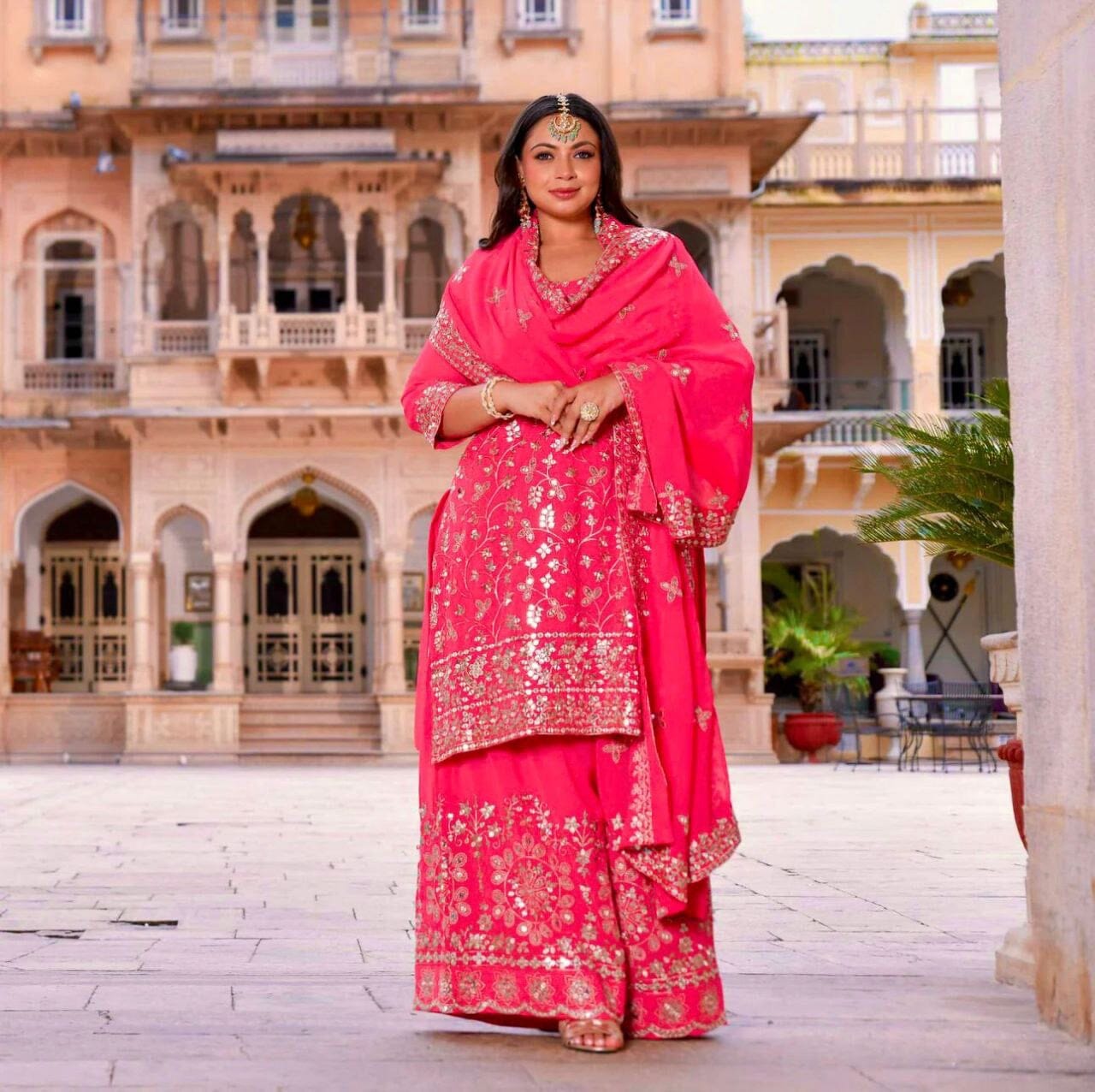 Hot Pink Pure Fox Georgette Plazzo Ready Made Suit Ready Made Designer Suits Shopin Di Apparels